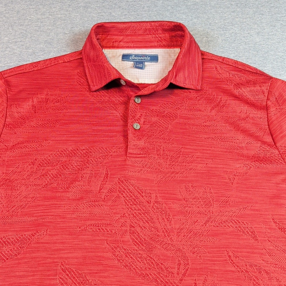 Seapointe Mens Red Tropical Leaf Jacquard Polo Shirt Short Sleeve Size M